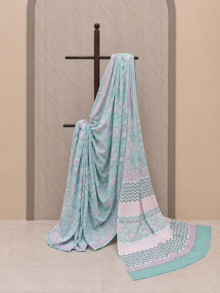 Light Blue And  Pink And White Floral Cotton Saree