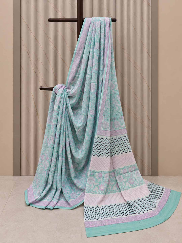 Light Blue And  Pink And White Floral Cotton Saree