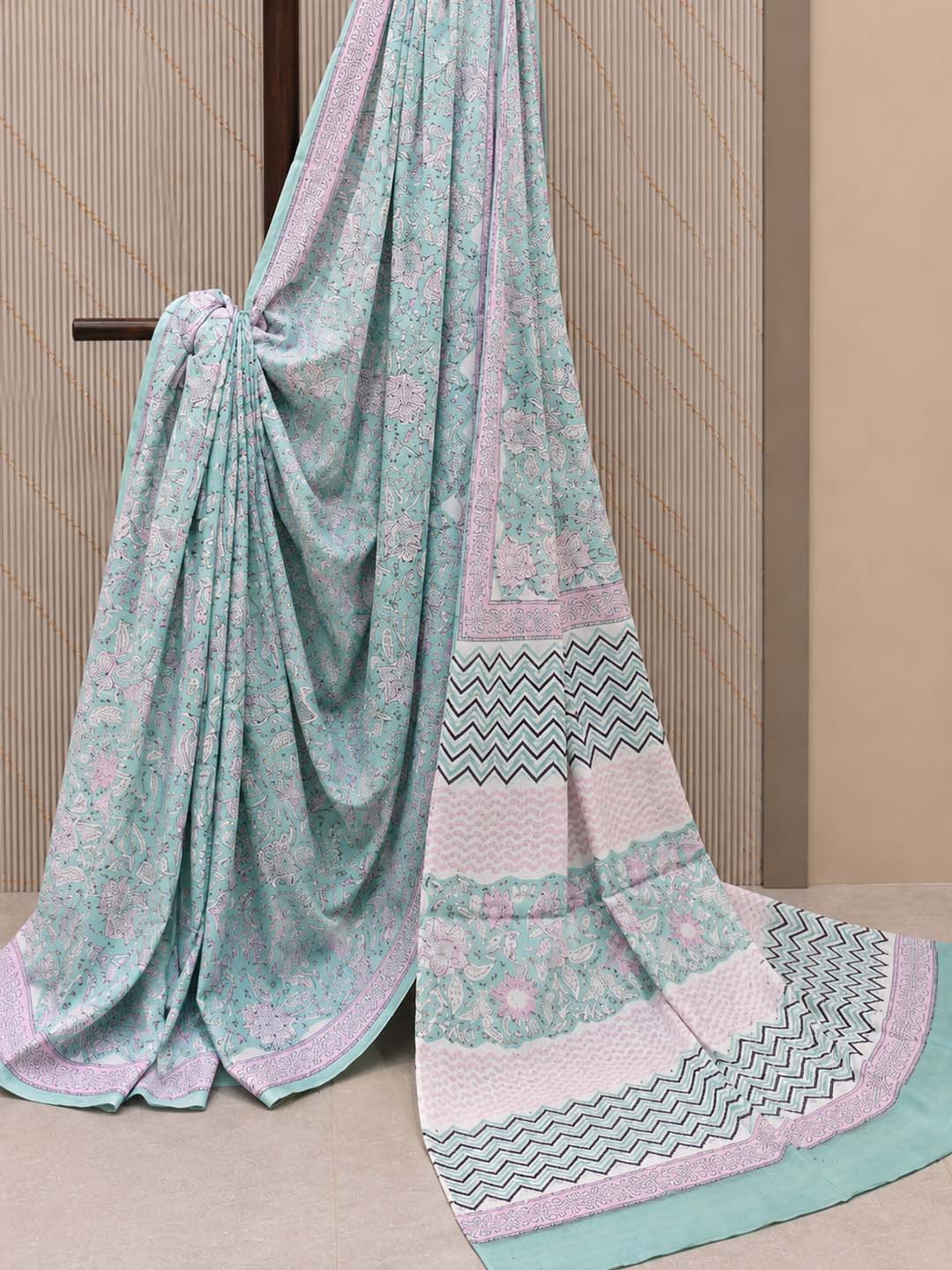 Light Blue And  Pink And White Floral Cotton Saree