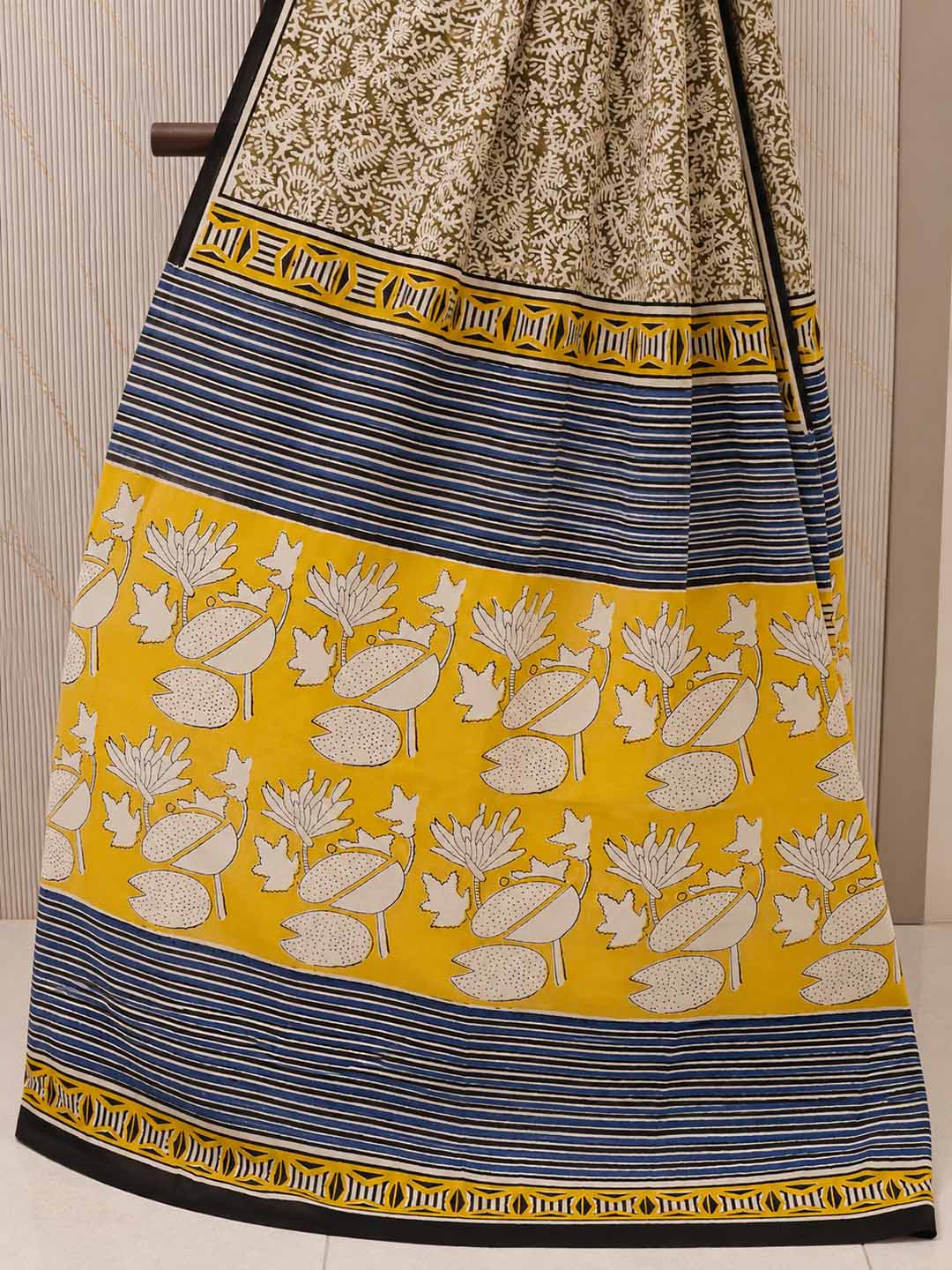 Brown And Beige Hand Block Print Cotton Saree