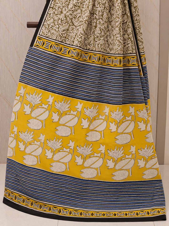 Brown And Beige Hand Block Print Cotton Saree