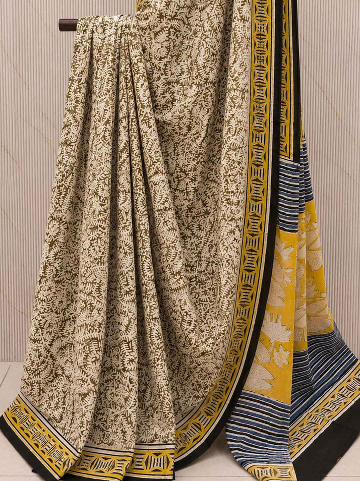 Brown And Beige Hand Block Print Cotton Saree