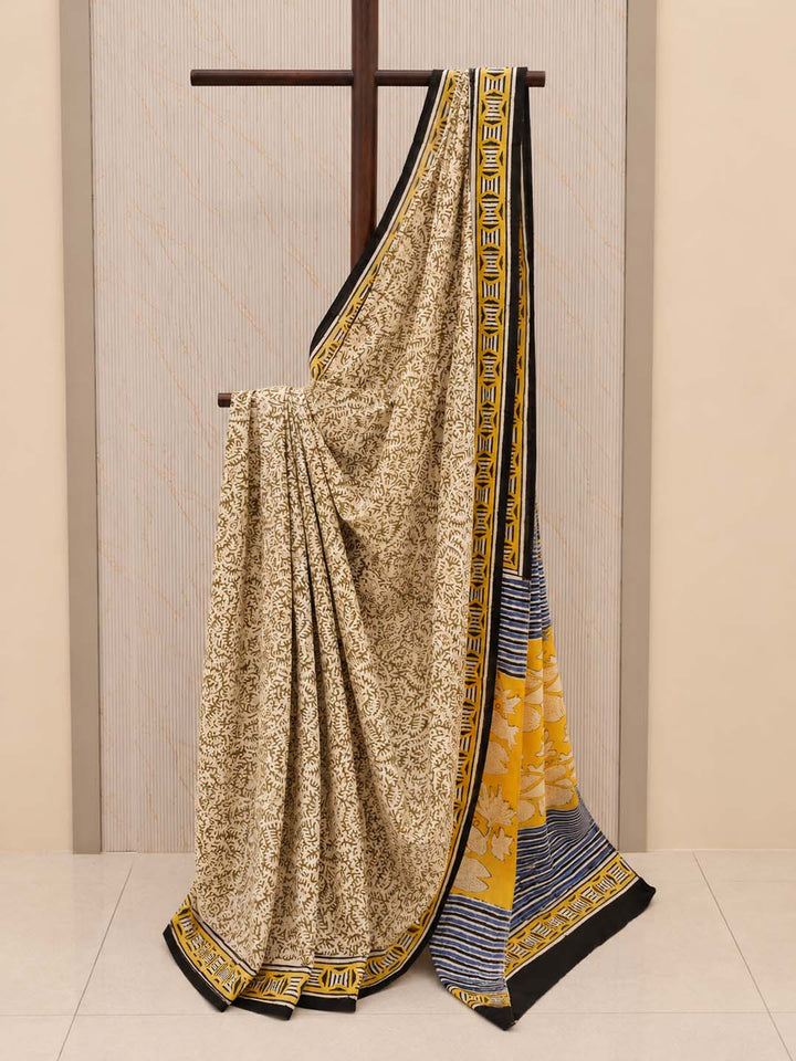 Brown And Beige Hand Block Print Cotton Saree