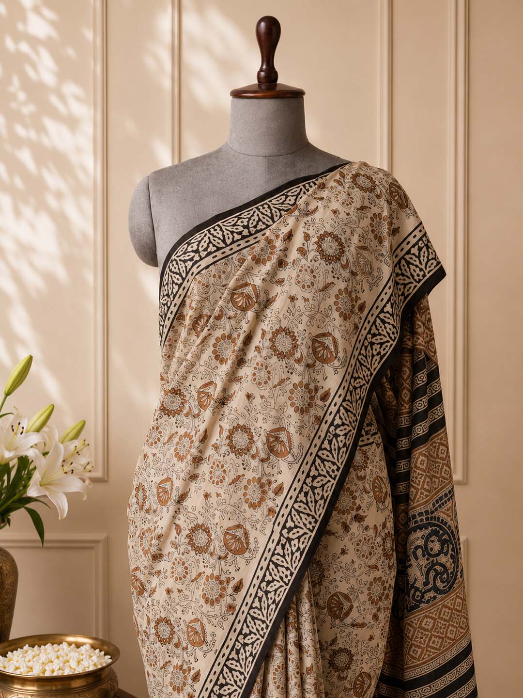 Beige and Black Floral Hand Block Print Cotton Saree