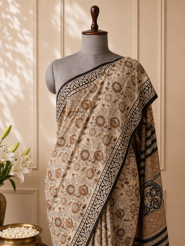 Beige and Black Floral Hand Block Print Cotton Saree
