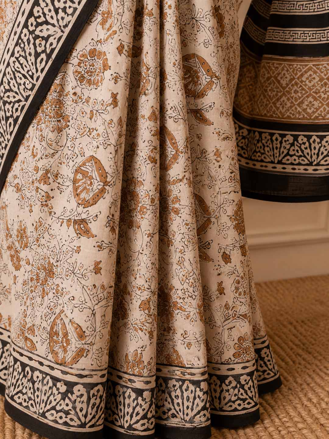 Beige and Black Floral Hand Block Print Cotton Saree