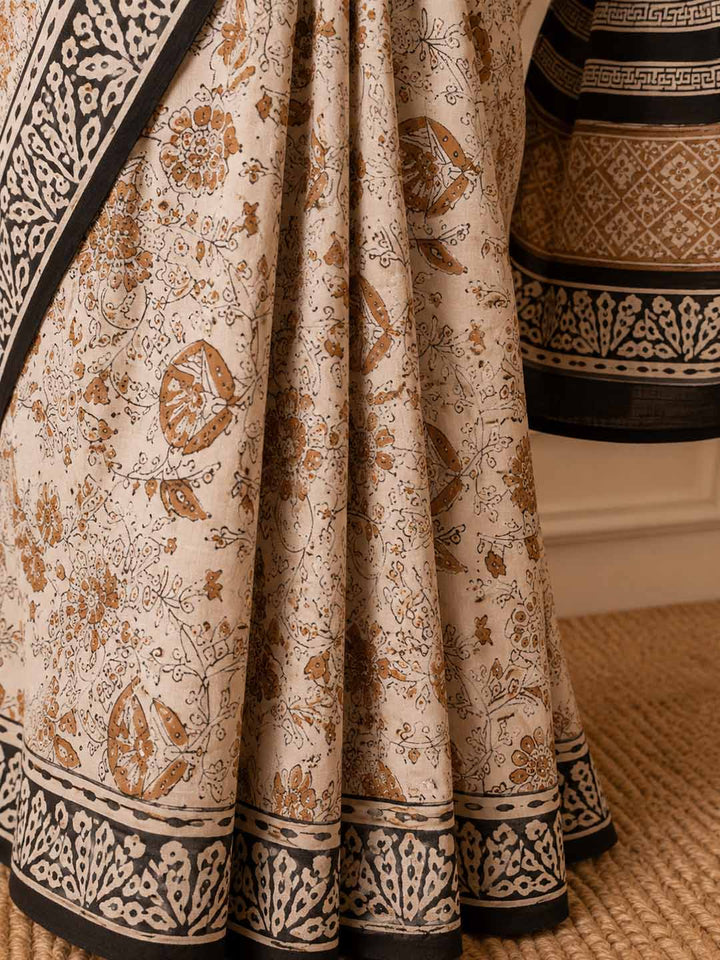 Beige and Black Floral Hand Block Print Cotton Saree