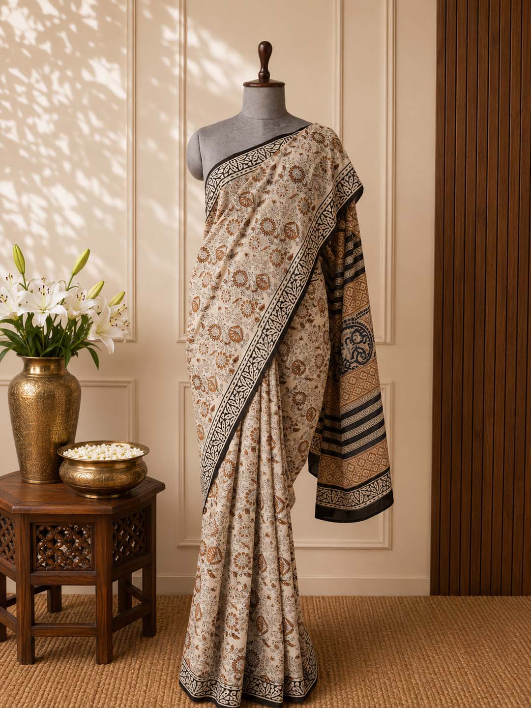 Beige and Black Floral Hand Block Print Cotton Saree