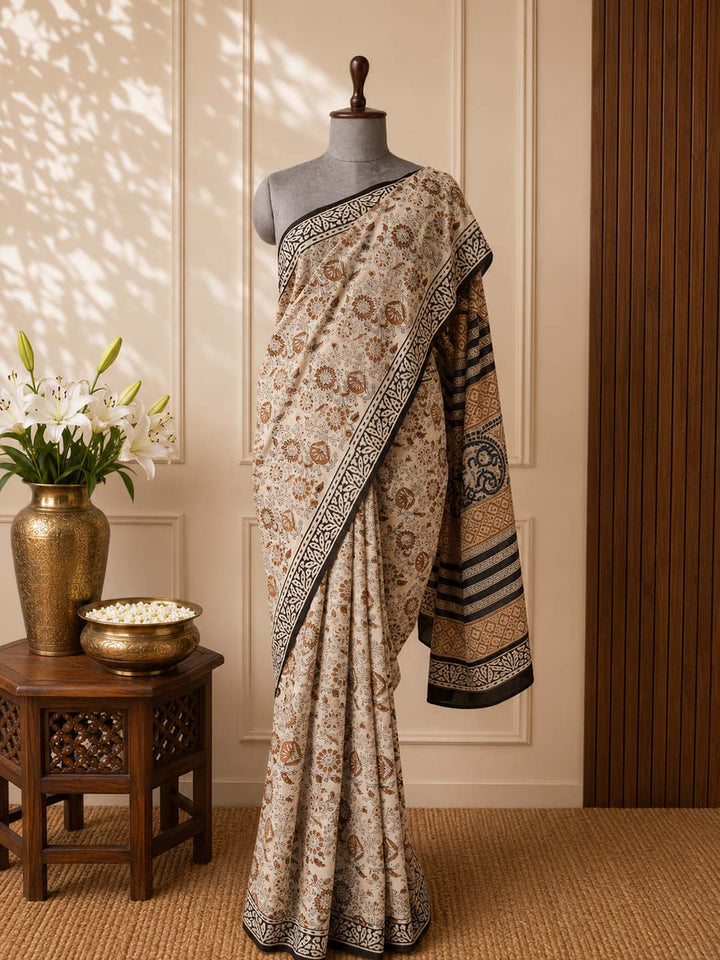 Beige and Black Floral Hand Block Print Cotton Saree