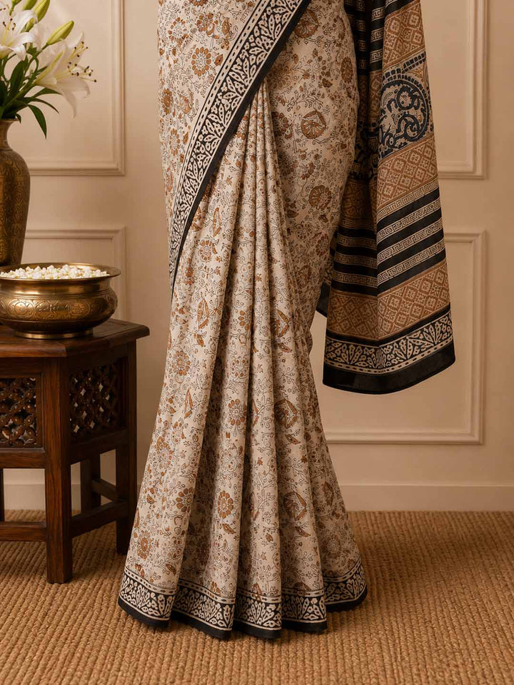 Beige and Black Floral Hand Block Print Cotton Saree