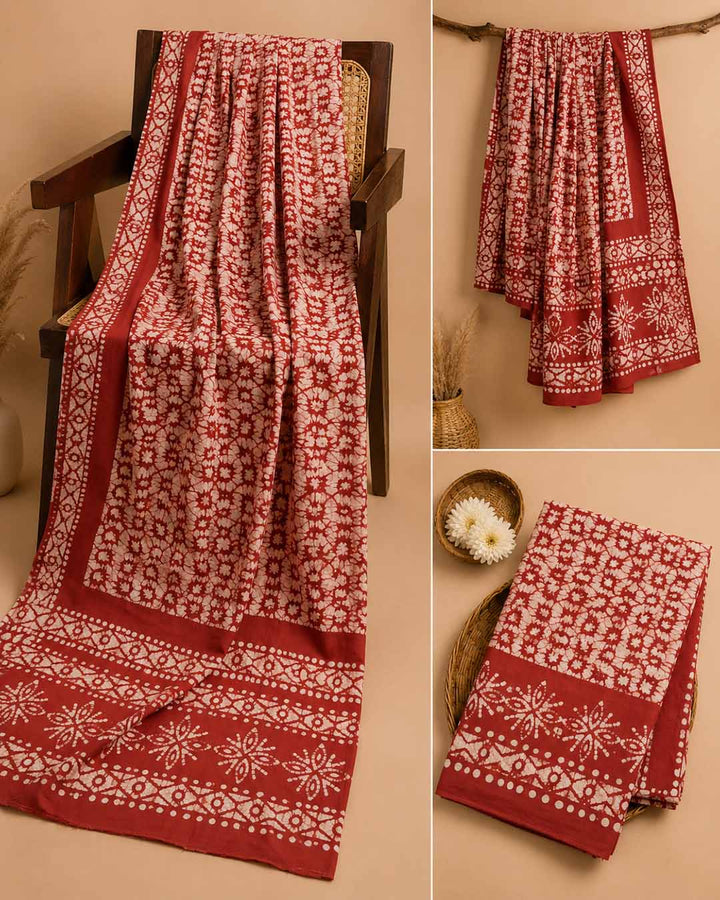 Red Batik Block Print Cotton Saree
