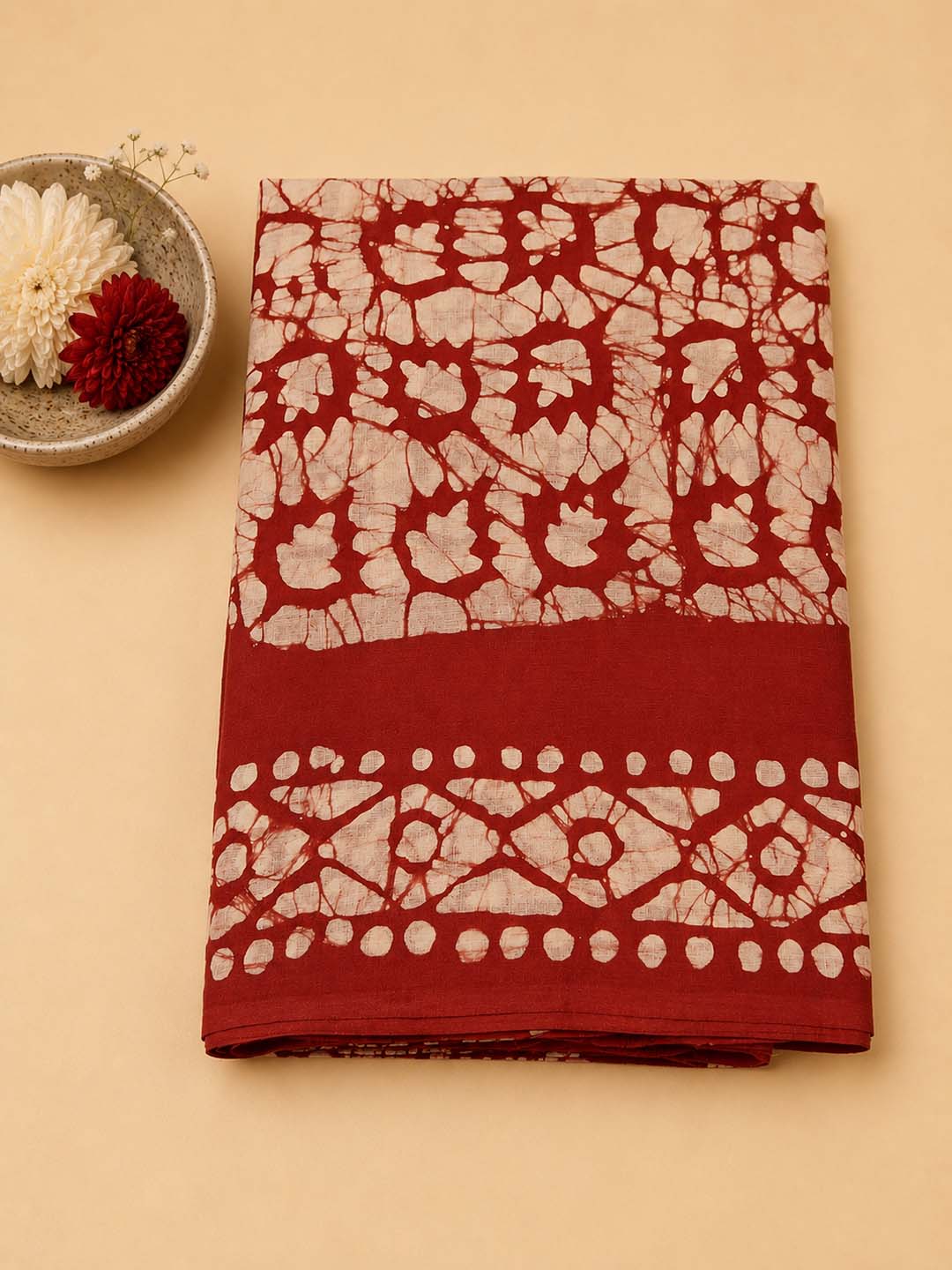 Red Batik Block Print Cotton Saree