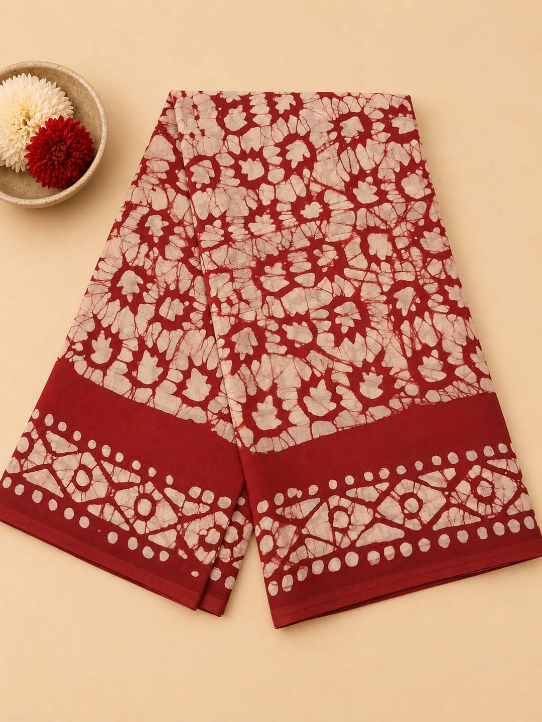 Red Batik Block Print Cotton Saree