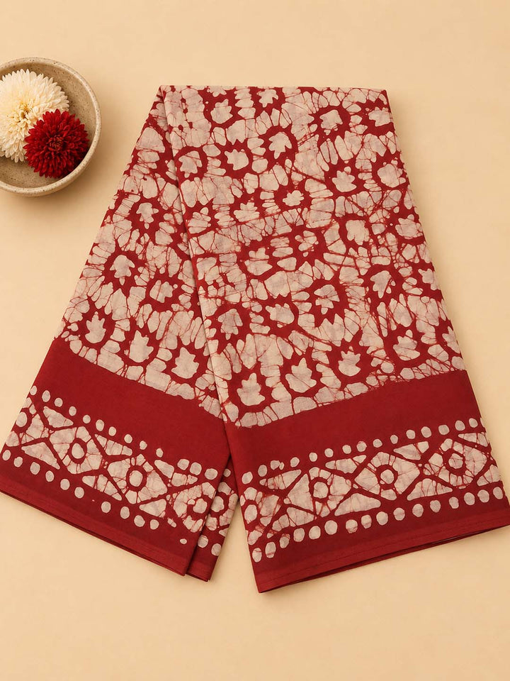 Red Batik Block Print Cotton Saree