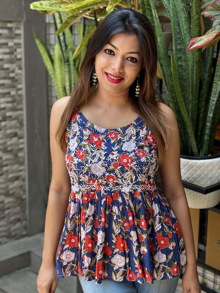 Floral White Red Flared Top