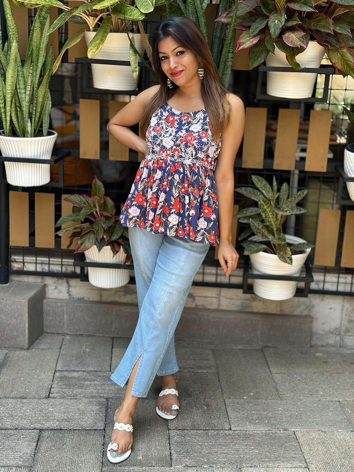 Floral White Red Flared Top