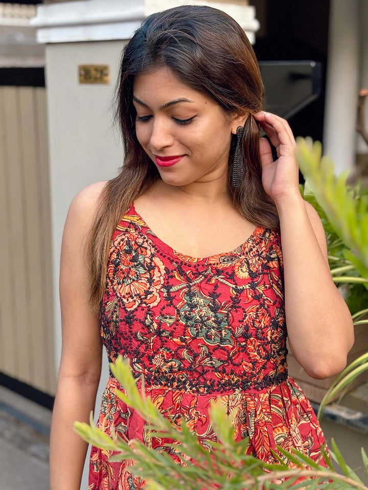 Floral Red Black Flared Top