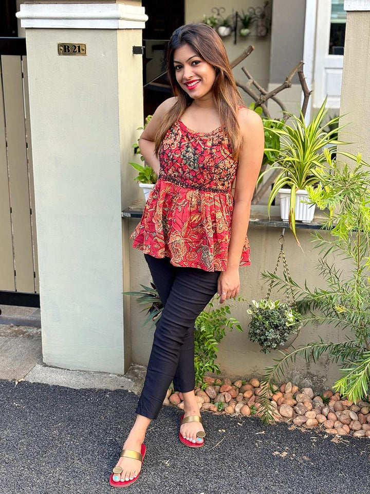 Floral Red Black Flared Top