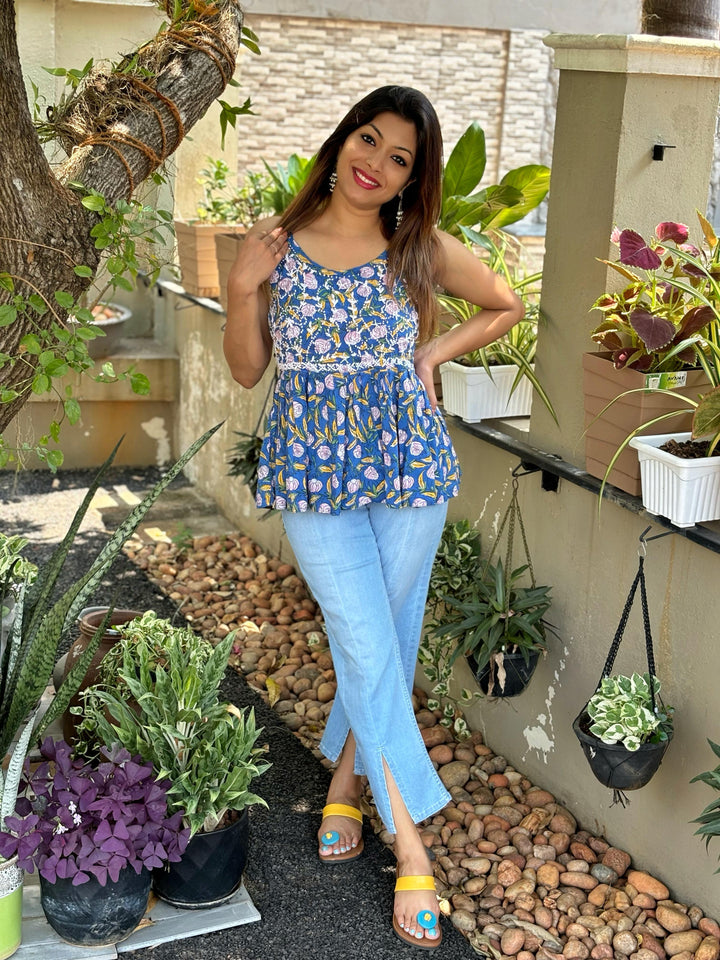 Floral Blue Yellow Flared Top