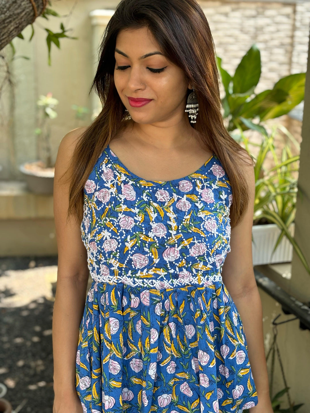 Floral Blue Yellow Flared Top