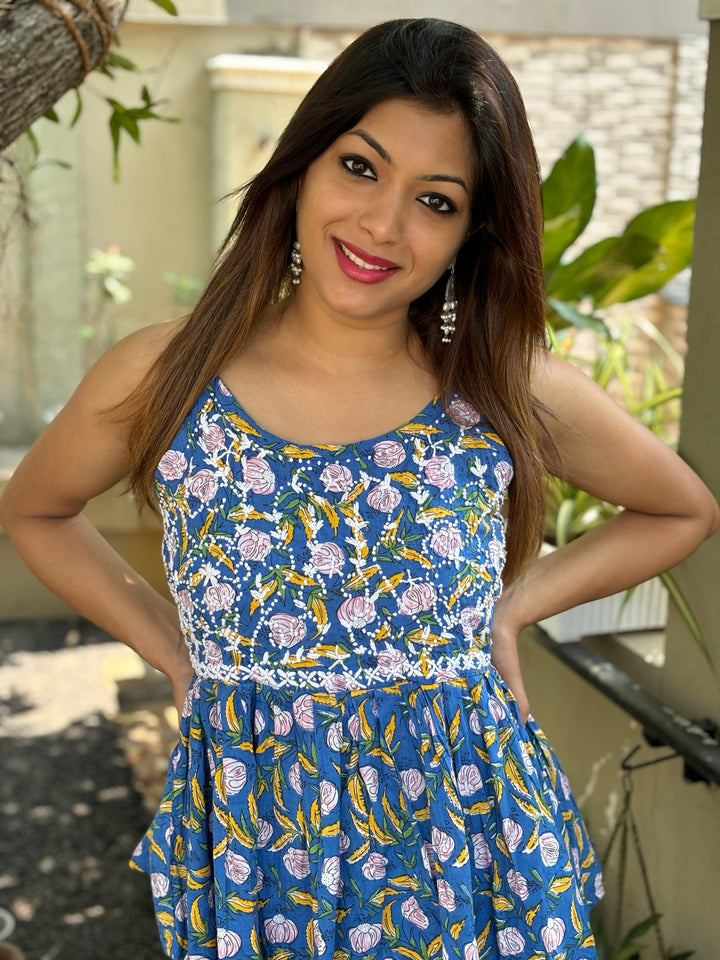 Floral Blue Yellow Flared Top