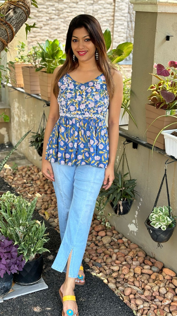 Floral Blue Yellow Flared Top