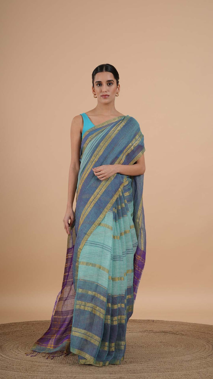 Green With Violet Linen Saree