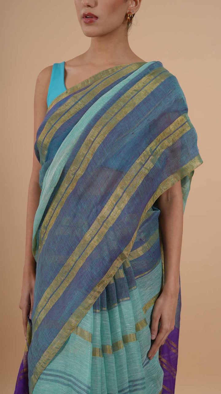 Green With Violet Linen Saree