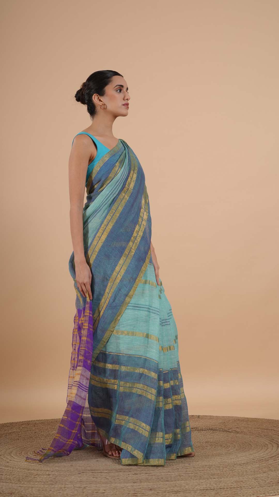 Green With Violet Linen Saree