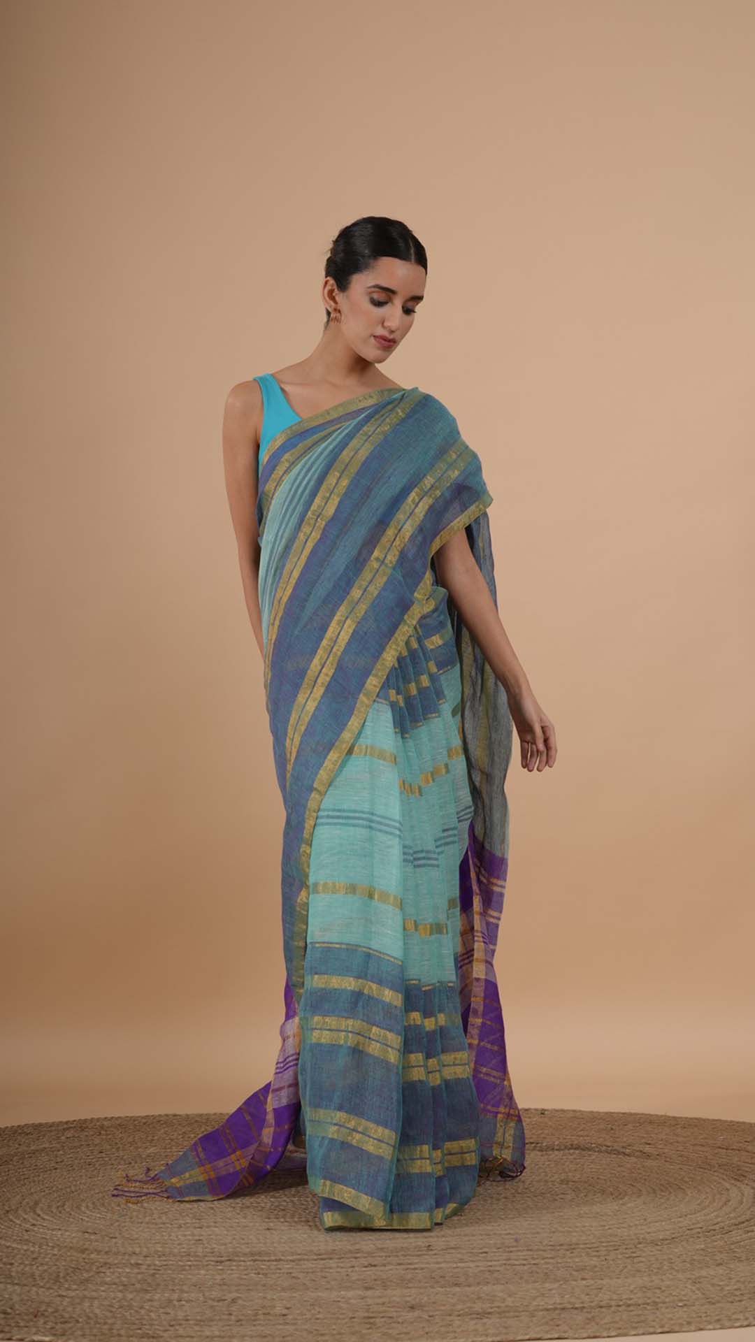 Green With Violet Linen Saree