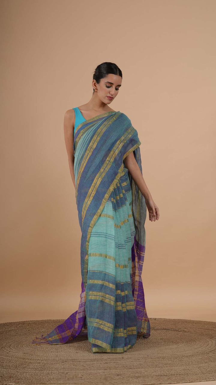 Green With Violet Linen Saree