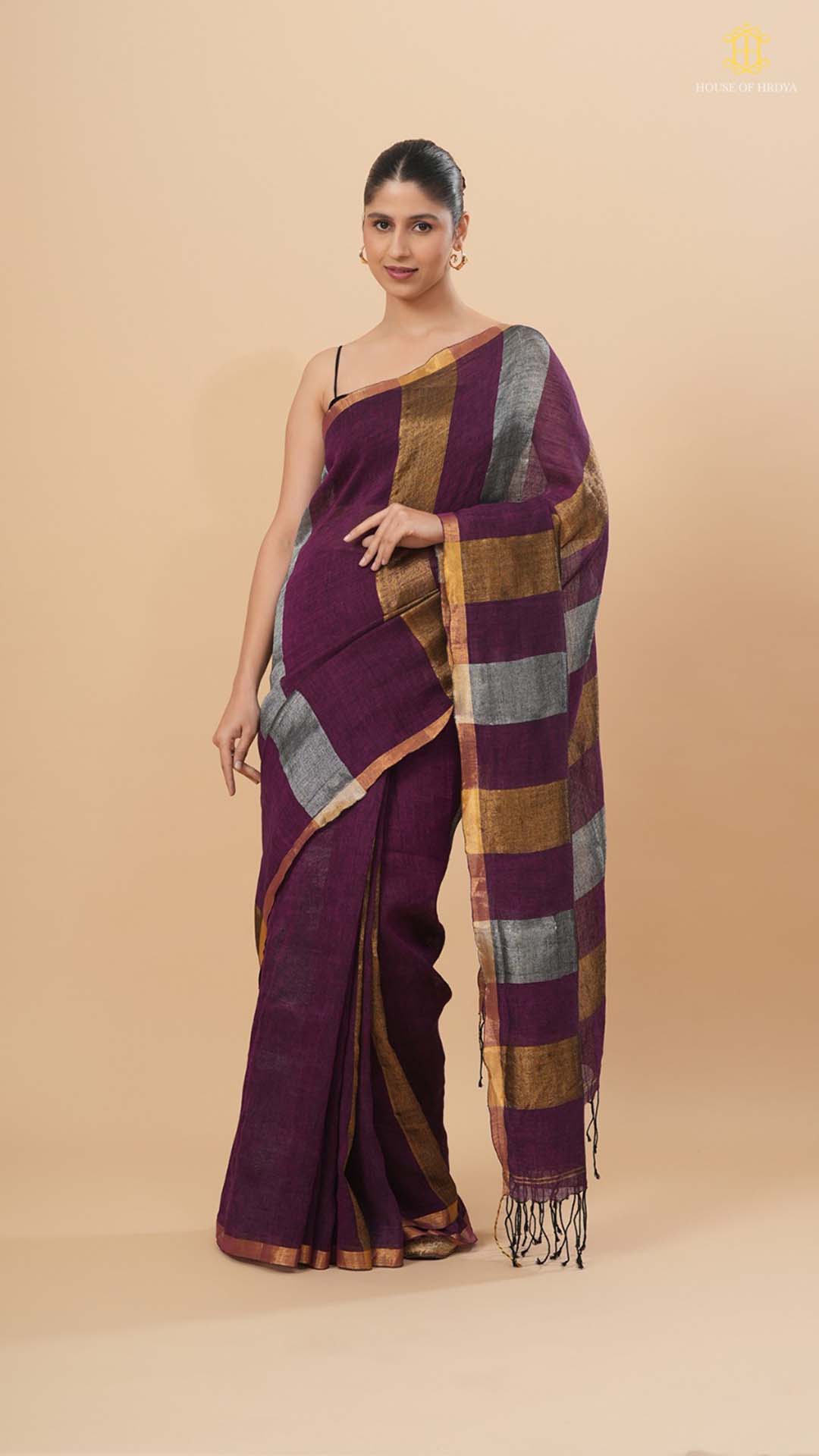 Wine Linen Saree With Silver And Gold Stripes