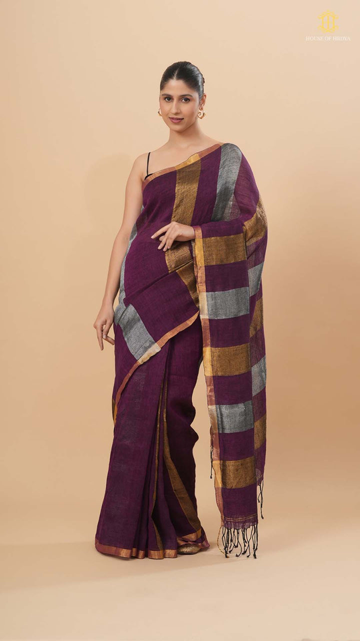 Wine Linen Saree With Silver And Gold Stripes