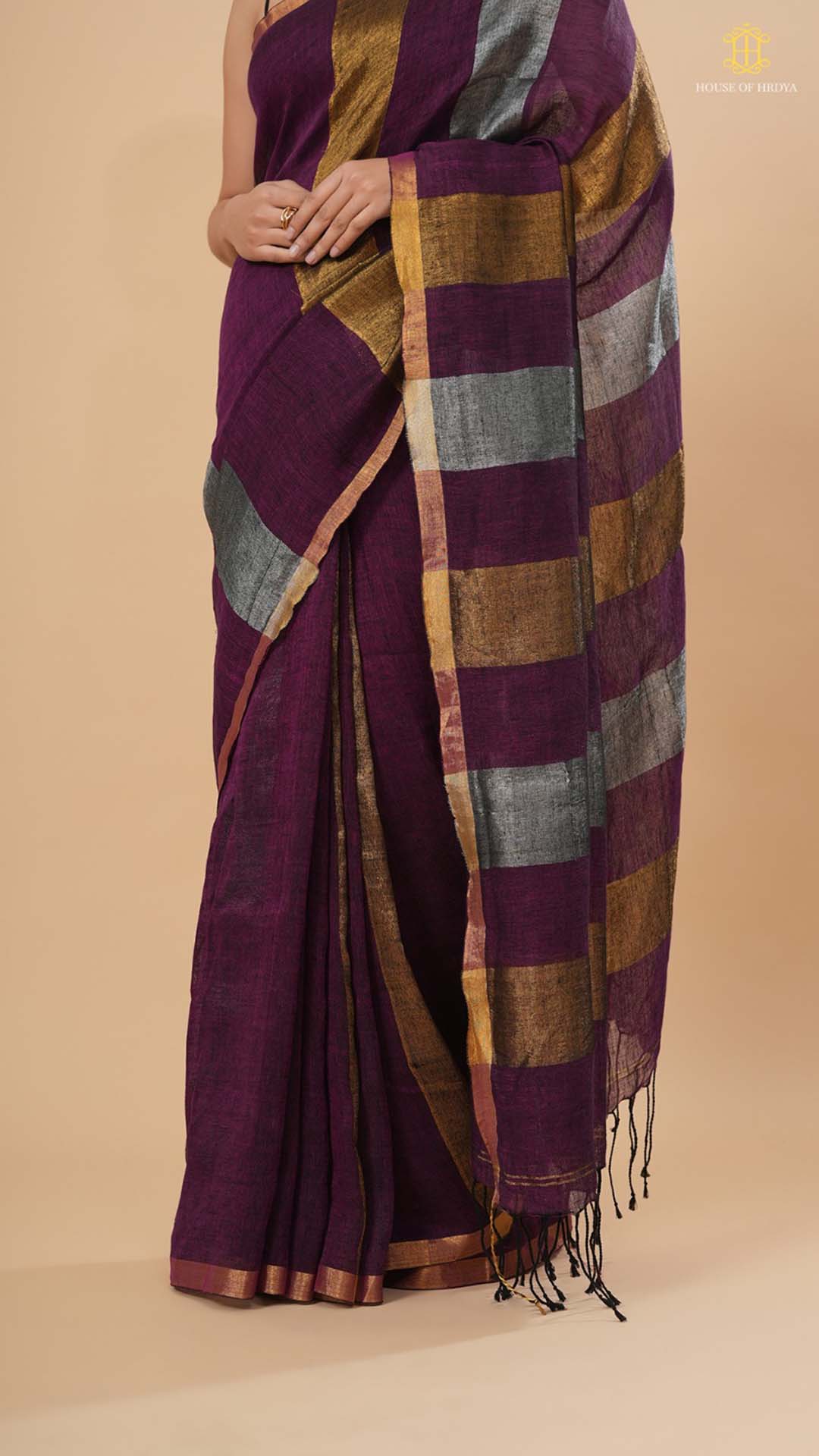 Wine Linen Saree With Silver And Gold Stripes