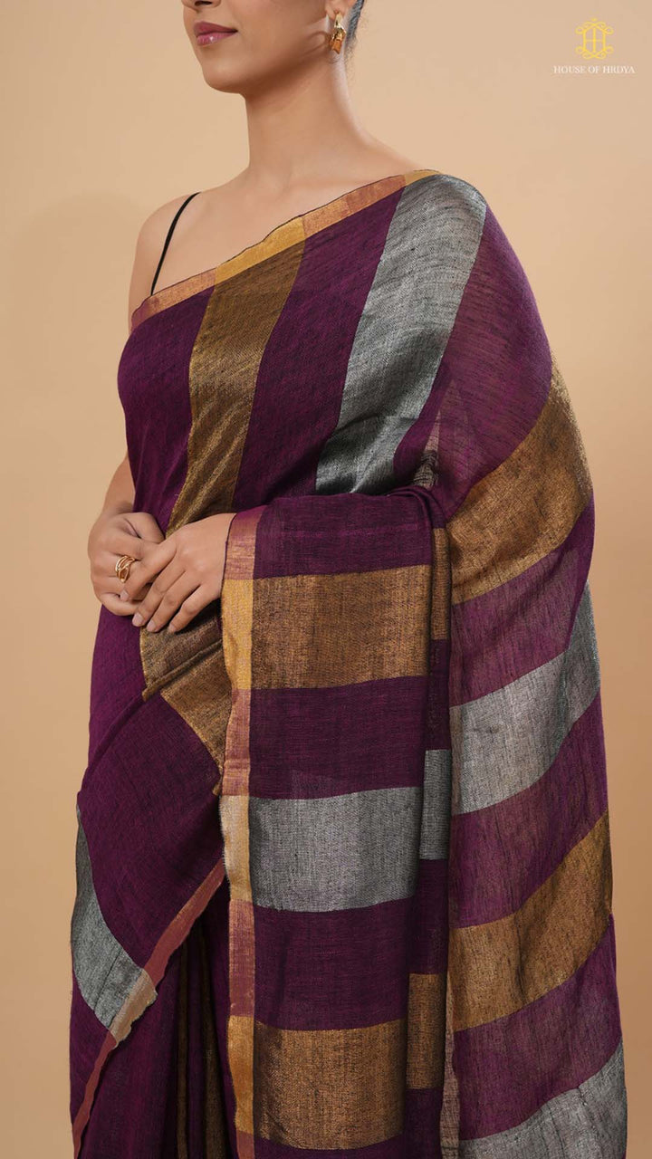 Wine Linen Saree With Silver And Gold Stripes