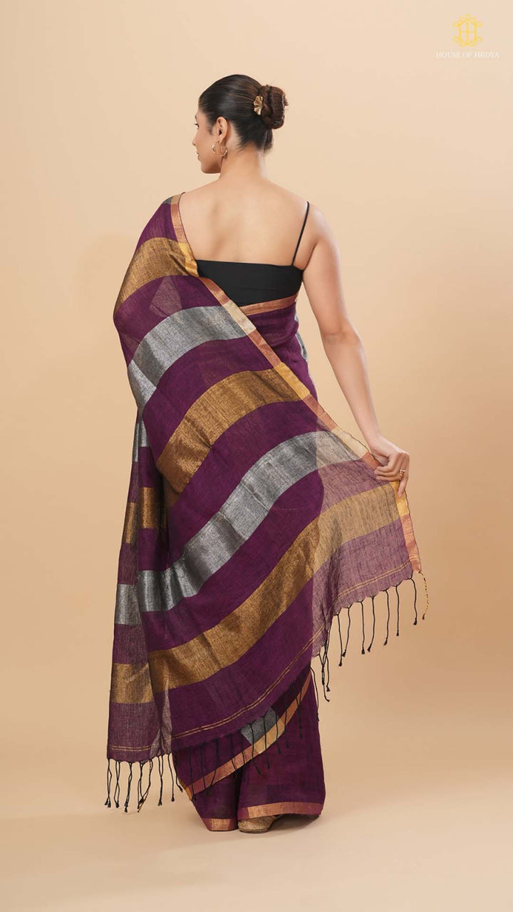 Wine Linen Saree With Silver And Gold Stripes