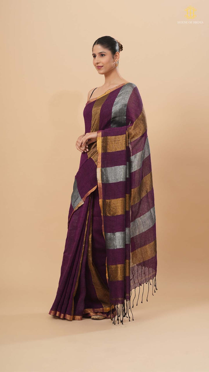 Wine Linen Saree With Silver And Gold Stripes