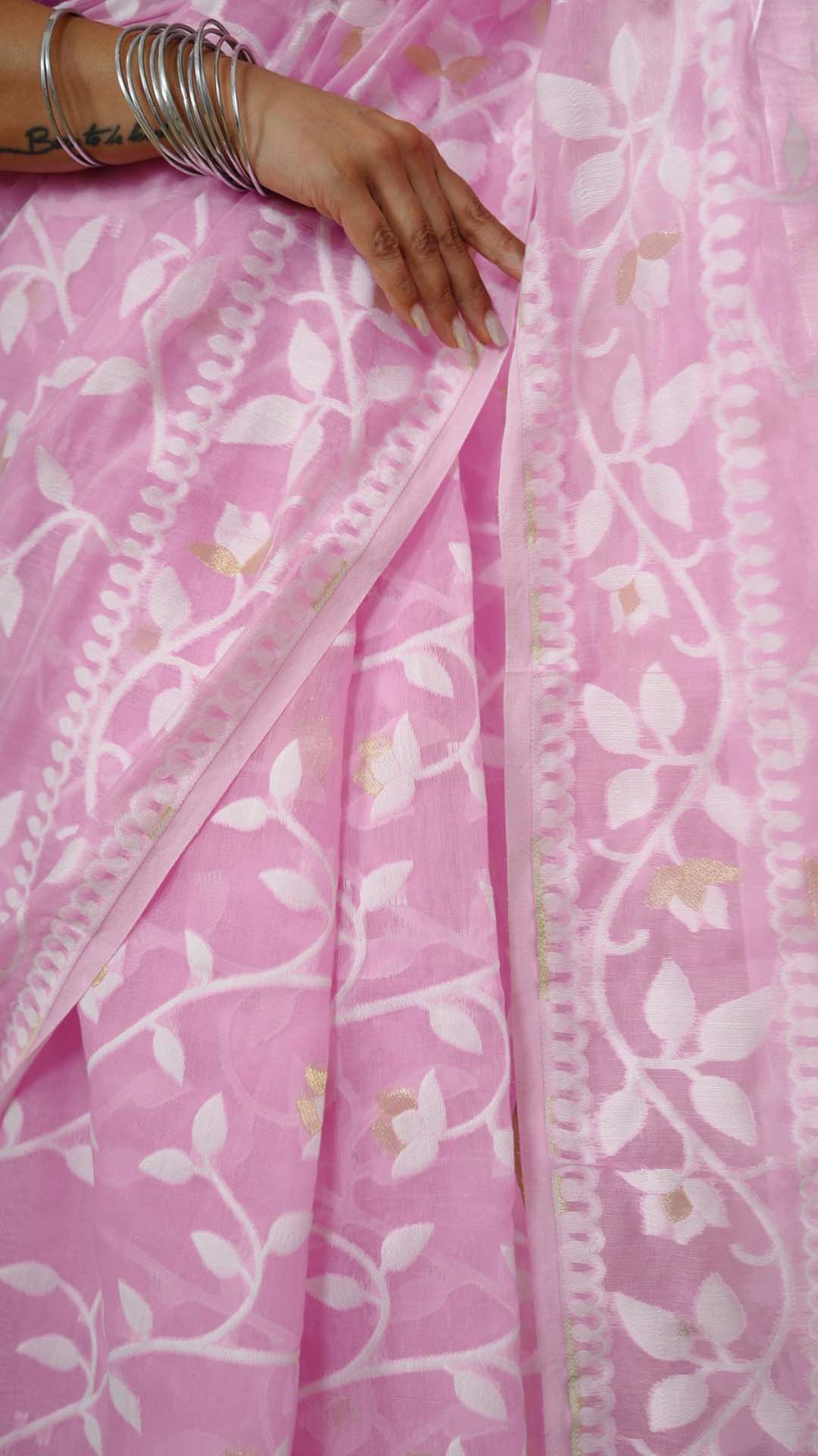 Pink And White Jamdhani Saree