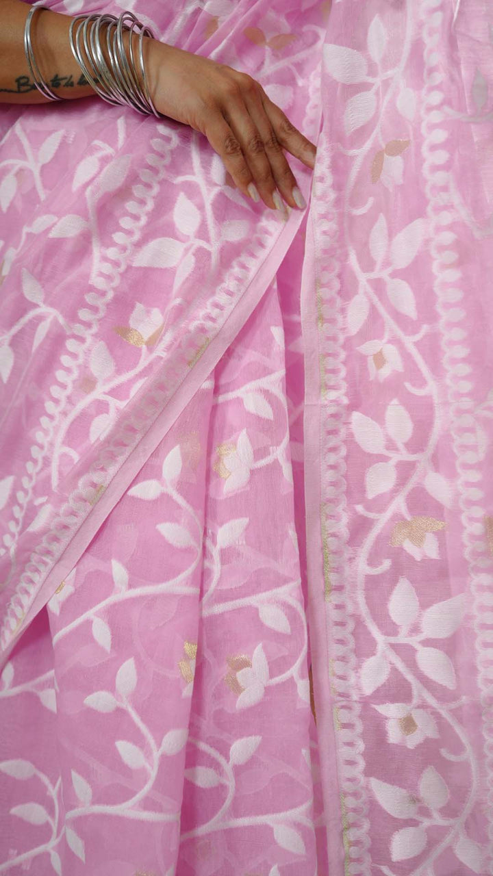 Pink And White Jamdhani Saree