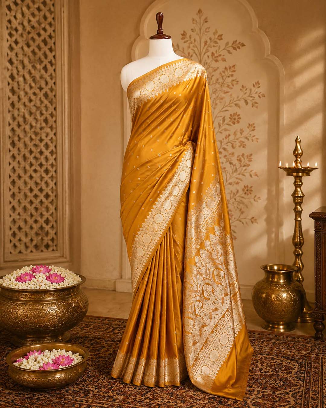 Turmeric Yellow Mashru Katan Banarasi Silk Saree
