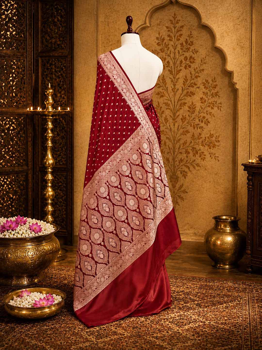 Cherry Red Mashru Katan Banarasi Silk Saree