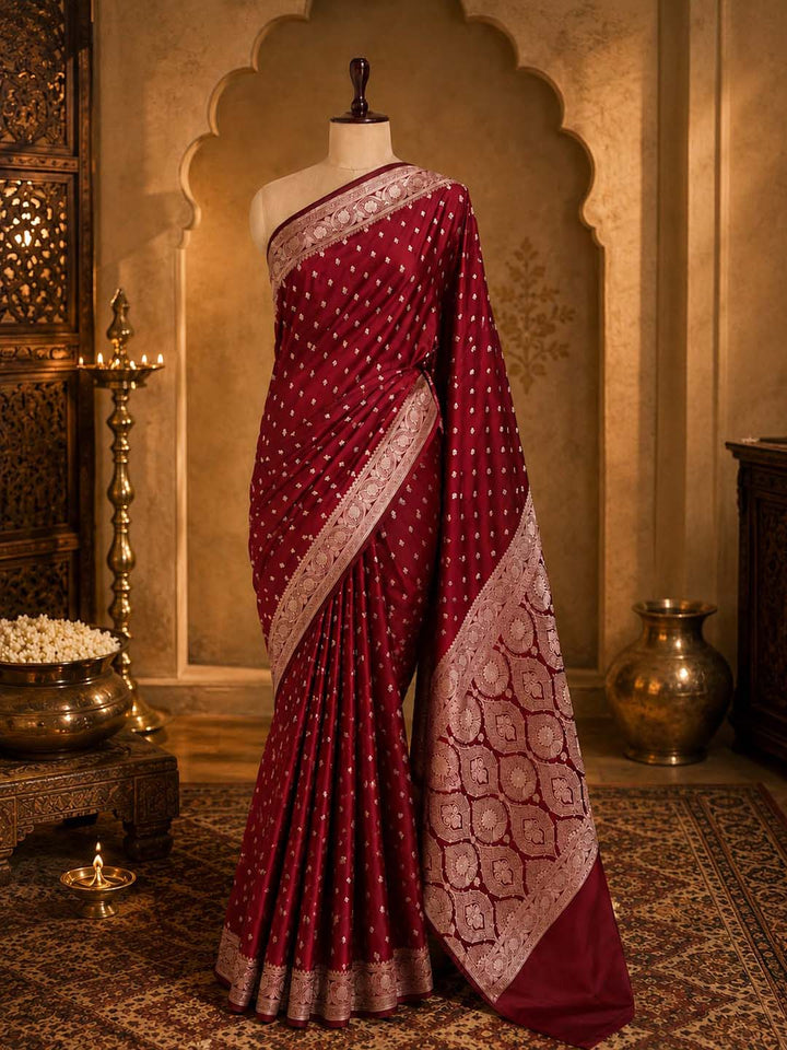 Cherry Red Mashru Katan Banarasi Silk Saree