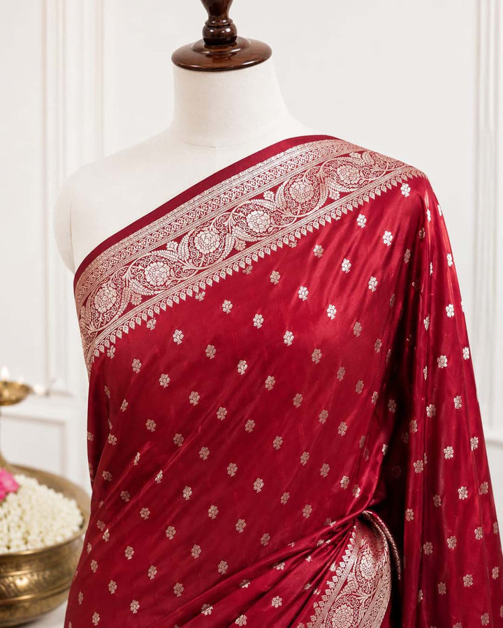 Cherry Red Mashru Katan Banarasi Silk Saree