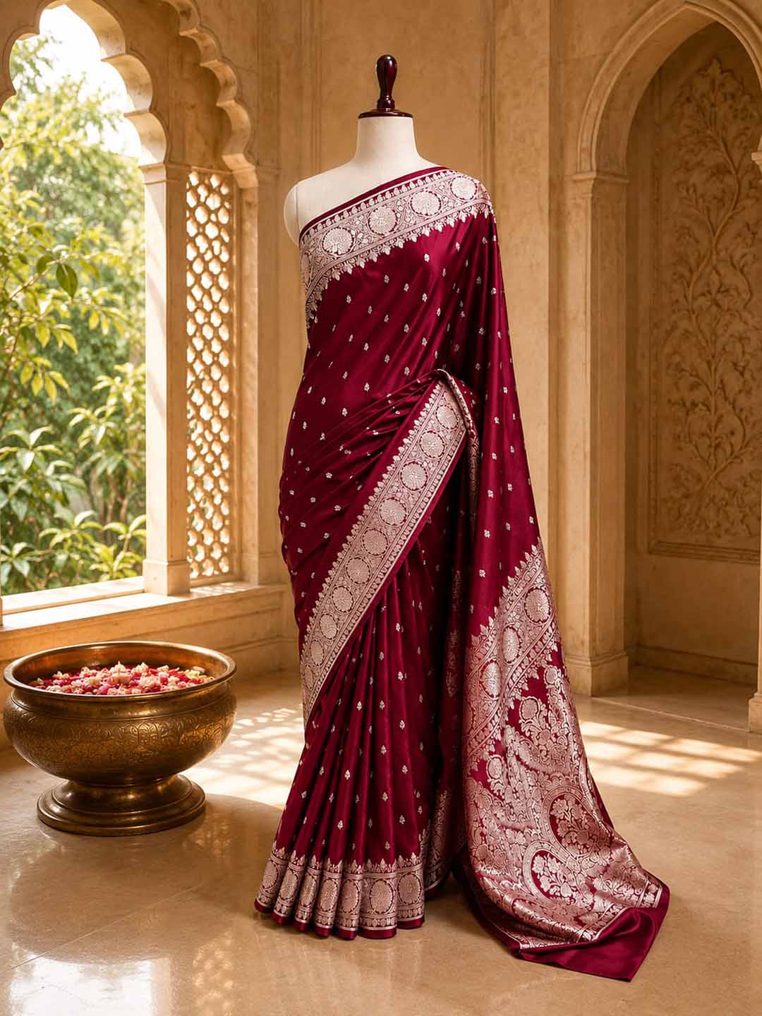 Crimson Red Mashru Katan Banarasi Silk Saree