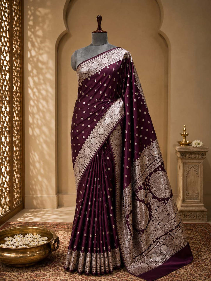 Wine purple Mashru Katan Banarasi Silk Saree