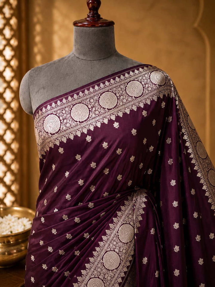 Wine purple Mashru Katan Banarasi Silk Saree