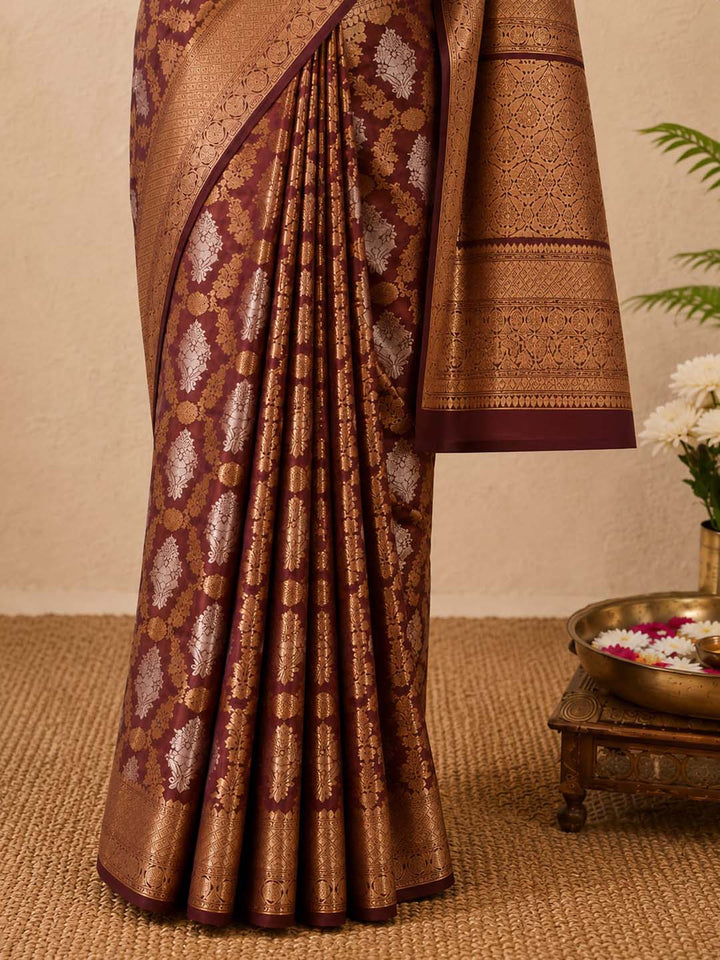 Wine Mashru Katan Banarasi Silk Saree