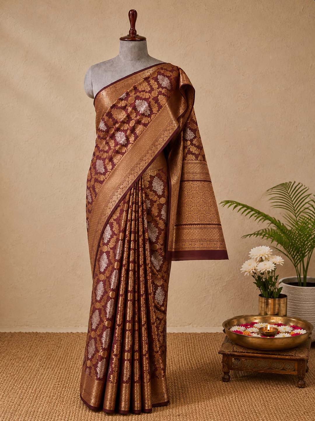 Wine Mashru Katan Banarasi Silk Saree