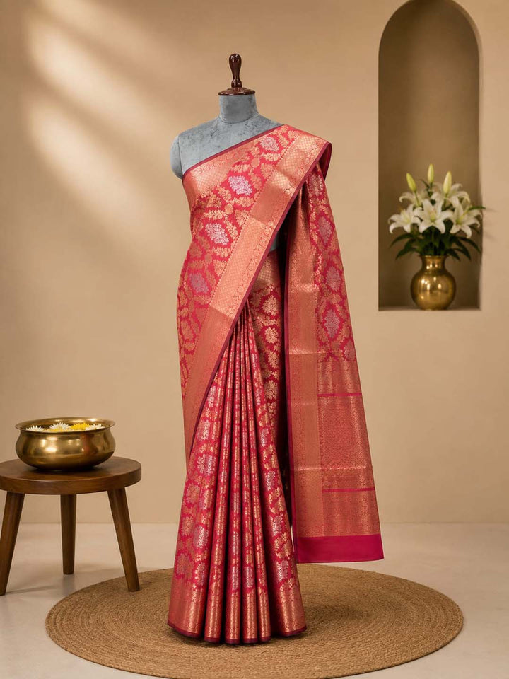 Flame Red Mashru Katan Banarasi Silk saree