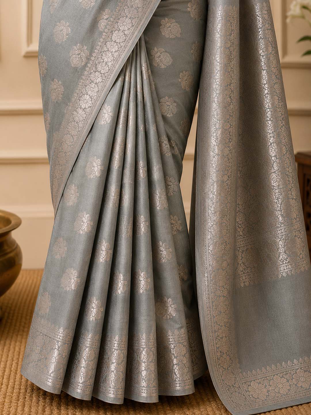 Grey Mashru Katan Banarasi Silk Saree